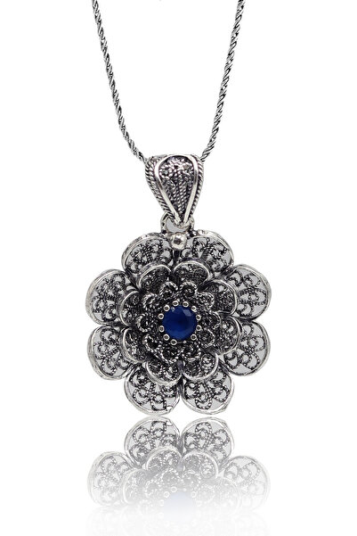 Midyat Nurtaş Gümüş Safir Taşlı Çiçek Model Oksitli Telkari Kadın Gümüş Kolye...