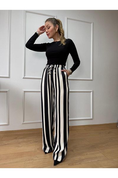 Size Özgü Ecru Black Striped Trousers