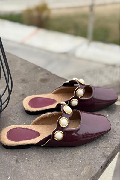 Melissa Boutique Women's Burgundy Patent Leather Pearl Detailed Soft Sole Ballerina Slippers