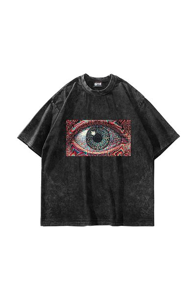 Sekizbiraltı Eye Hallucination Printed Oversize Unisex Washable Μαύρο Tshirt