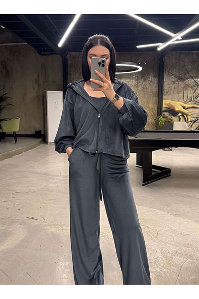 missswans Sandara 3-Piece Premium Quality Velvet Set-Indigo Dark Gray
