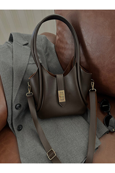 NOTHING Women's Long Strap Shoulder and Crossbody Bag with Coffee Mini Lock Detail Makeup Bag