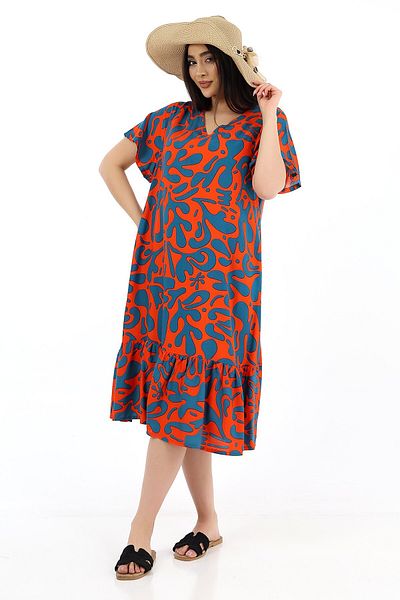 SCHIK Women's Viscose Half Sleeve V-Neck Pocket Ruffle Dress Orange