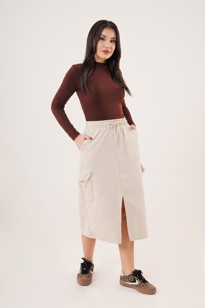 Hipo Trend Μπεζ φούστα με μπροστινή σχισμή και λεπτομέρεια τσέπης