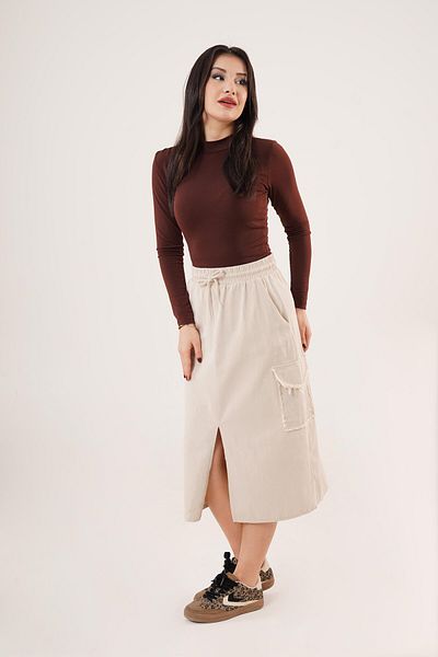 Hipo Trend Beige Skirt with Front Slit and Pocket Detail