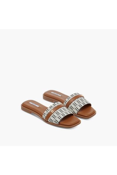 ELLE Women's Textured Slip-On Sandals with Metal Accent