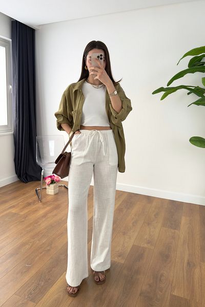 BİRCANÇİL Sevin White Linen Tie Waist Trousers