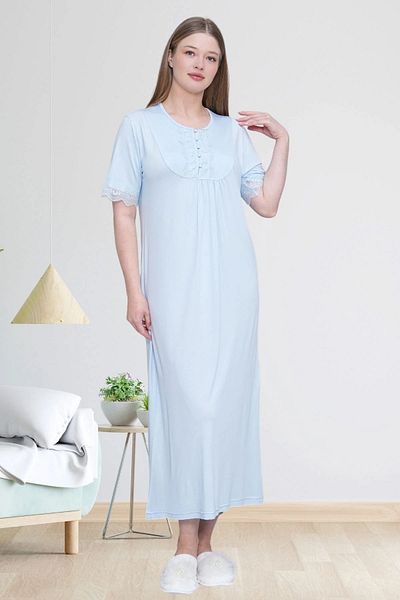 BEYVİP Women's Blue Lace Detailed Large Size Nightgown