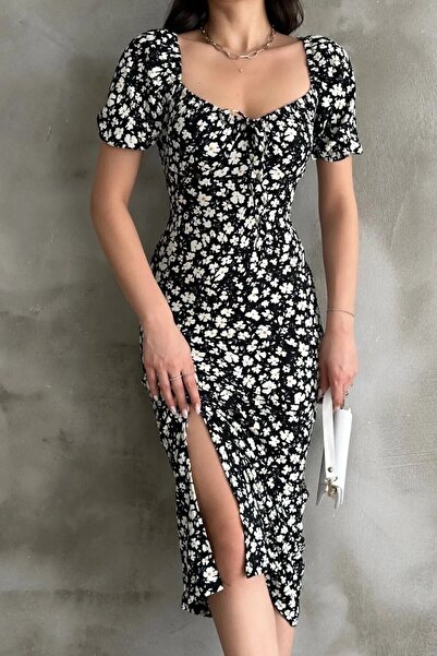 KaSheHa Yazlık Çiçek Desenli Yırtmaçlı Elbise 119 Cm