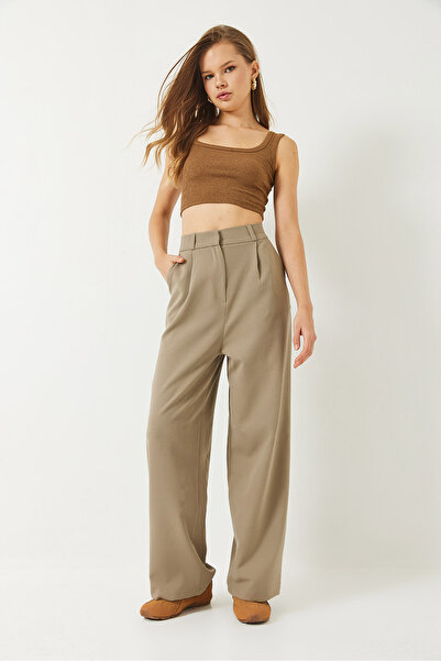 Bianco Lucci Women's High Waist Single Pleated Pocket Detailed Palazzo Trousers 3244 60283059