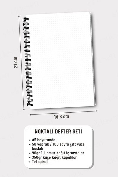 Eldesen Tasarım Spiral Dotted A5 School Set, 50 Sheets 100 Pages 4Th Grade Notebook Set