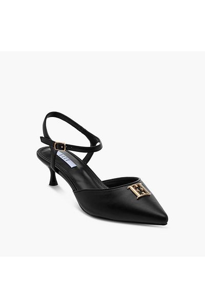 ELLE Women's Monogram Print Pointed Toe Sandals with Kitten Heels