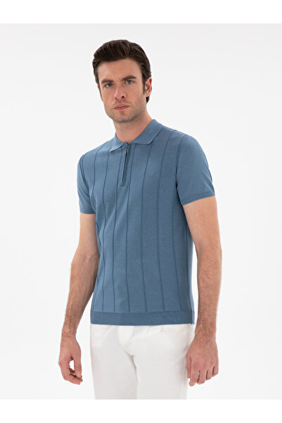 Cacharel İndigo Slim Fit Nervürlü Fermuarlı Polo Yaka Triko T-shirt 50309871-...