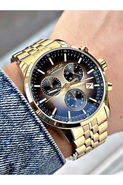 Quantum Function Gold Color Men's Wristwatch 10 Atm Waterproofness Steel Case Pwg1008Sz