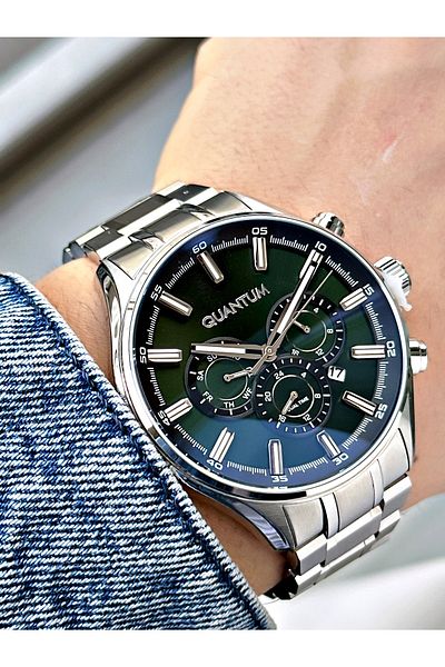Quantum Function Silver-Green Color Men Wrist Watch 10 Atm Waterproofness Steel Case Adg958Sz