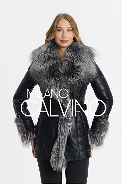 Milano Calvino Kürklü Deri Ceket Uzun Silver Black