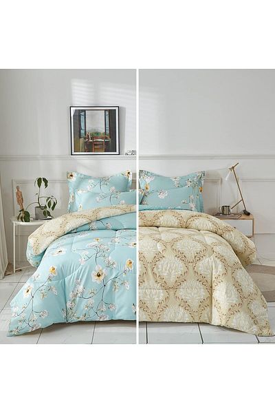 COOYA 4-Piece Floral Design Bedding Set, Cotton, Multicolour Queen