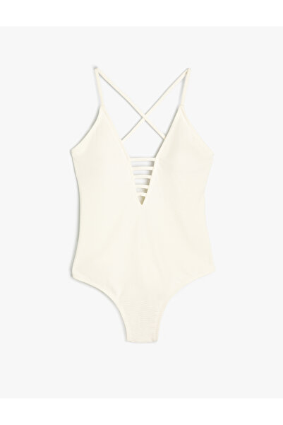 Koton Deep V-Neck Swimsuit Piping Detailed Textured Strap Covered