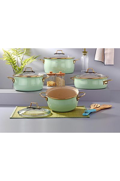 Bonera Vintage 8 Piece Enamel Casserole Set - Aqua Green Pot