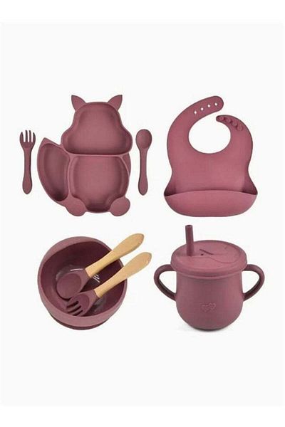 COOYA 8 PCS Baby Feeding Set, Food-Grade Silicone, Squirrel Baby Cutlery and Plates Set, Non-slip (Pink)
