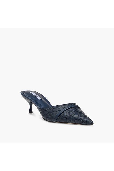 ELLE Women's Monogram Detail Slip-On Mules with Kitten Heels