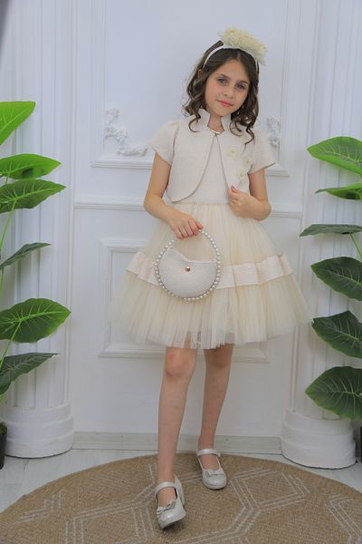MİSS RAİN Jacquard Double Skirt Short Sleeve Flower Detail Girl's Tulle Evening Dress
