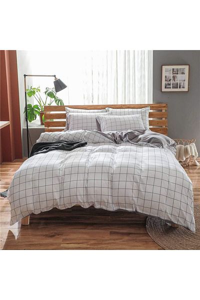 COOYA Twin Duvet Cover Set Grid White, Kids Washed Soft Bedding Set Lightweight Comforter Cover Set(4PCS)
