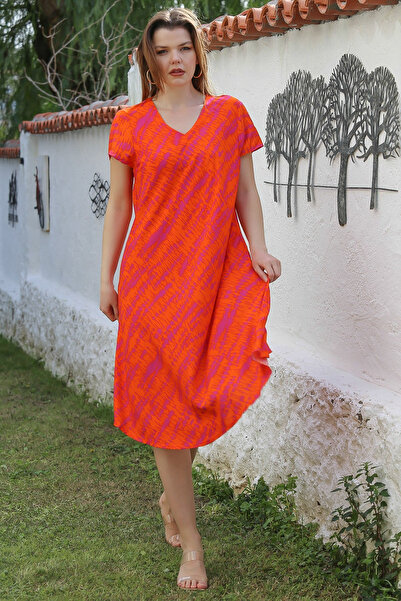 Chiccy Rochie casual portocalie cu decolteu în V cu mâneci joase