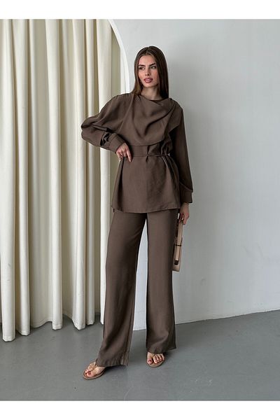 Laluvia Brown Drape Collar Blouse Trousers Set - 8625