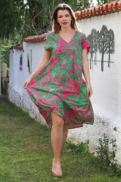 Chiccy Green/Fuchsia V-Neck Allover Printed Casual Viscose Woven Dress 115/66