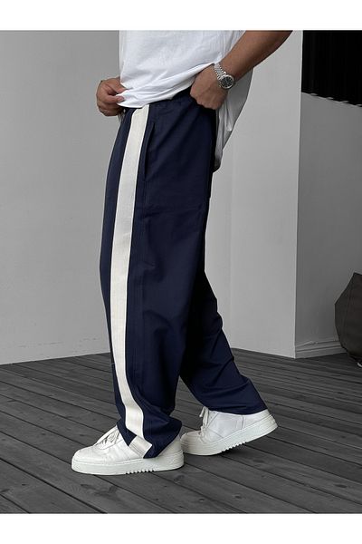 BYBASICMAN Navy Blue Straw Striped Pipe Leg Sweatpants Jj-065