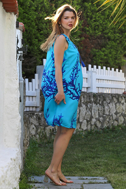 Chiccy Turquoise Pool Neck Sleeveless Tie-Up Tasseled Allover Printed Casual Viscose Woven Dress 100 60