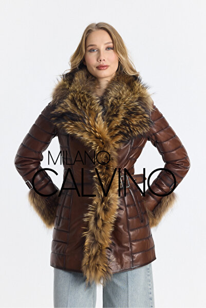 Milano Calvino سترة جلدية فروي - بني طويل