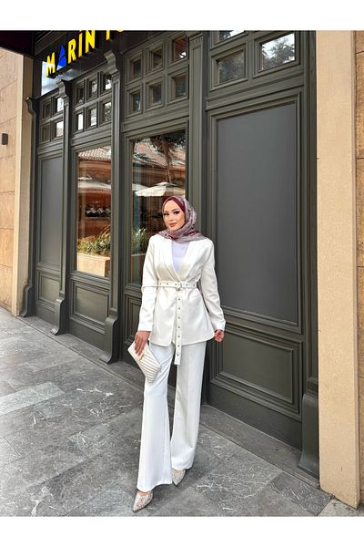 MYGİYİMİSTANBUL Tie-Up Blazer Jacket Wide Leg Trousers Set