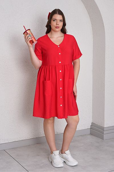 Büyük Moda Linen Textured V-Neck Dress