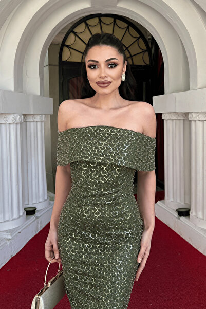 giyimmasalı Beaded Tulle Fabric Strapless Pencil Dress - Khaki Green