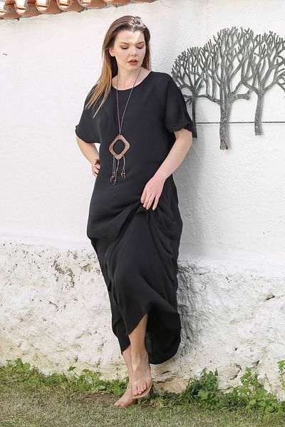 Chiccy Black Casual Dress - Short Sleeve & Short Collar, Double Layer Woven