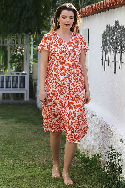 Chiccy Orange-White V-Neck Low Sleeve Casual Viscose Woven Dress