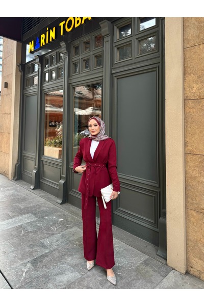 MYGİYİMİSTANBUL Tie-Up Blazer Jacket Wide Leg Trousers Set