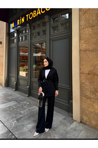 MYGİYİMİSTANBUL Tie-Up Blazer Jacket Wide Leg Trousers Set