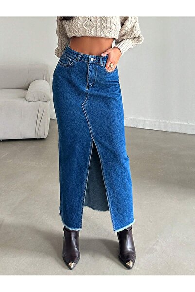 Dema Kadın Denim Yırtmaçlı Uzun %100 pamuk etek