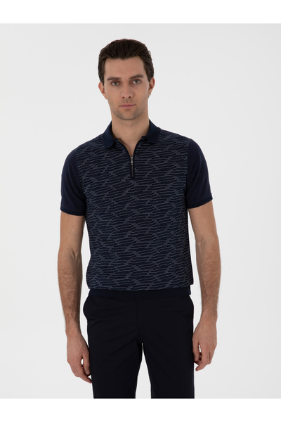 Cacharel Lacivert Regular Fit Fermuarlı Polo Yaka Desenli T-shirt 50302727-VR033