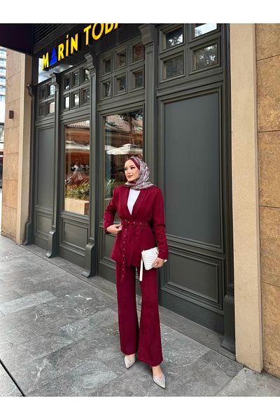MYGİYİMİSTANBUL Tie-Up Blazer Jacket Wide Leg Trousers Set