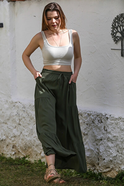 Chiccy Khaki Pocket Elastic Waist Spanish Leg - Casual Viscose Woven Trousers 108 65