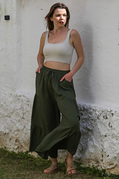 Chiccy Khaki Pocket Elastic Waist Spanish Leg - Casual Viscose Woven Trousers 108 65