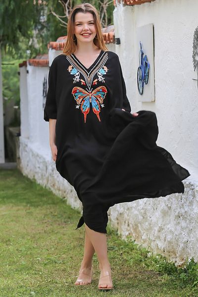 Chiccy Black V-Neck Bat Sleeve Hidden Pocket Slit Embroidered Casual Viscose Oversize Woven Dress 140 95