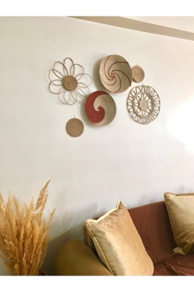 Genel Markalar Bohem Kiremit 5 Parça Duvar Tabağı Duvar Dekorasyon (YAPIŞTIRMA DEĞİLDİR MAKİNE DİKİMİDİR)