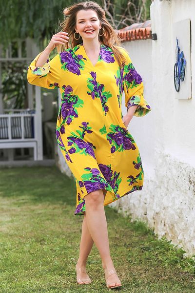 Chiccy Yellow V-Neck Button Spy, Allover Print Casual Viscose Dress