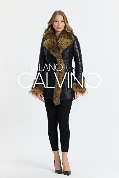 Milano Calvino Kürklü Deri Ceket Uzun Siyah Natural