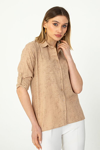 Nuevo Taş Sprey Kol Katlamalı Keten Gömlek